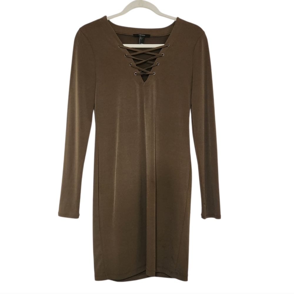 Forever 21 Dark Green Lace-Up Long Sleeve Dress Large - Picture 4 of 7